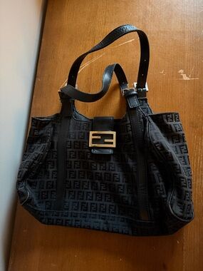 Fendi Black Monogram Canvas Shoulder Bag with Gold FF Buckle